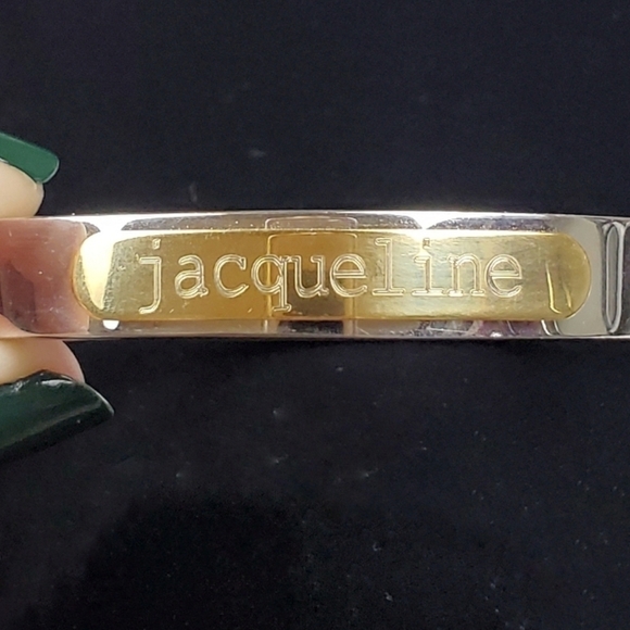 Jacqueline The Rustic Cuff Bracelet Shiny Silver Gold Tone Hinged ID ~6 7/8" - Picture 5 of 9